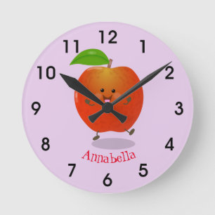 Cute dancing apple cartoon illustration round clock