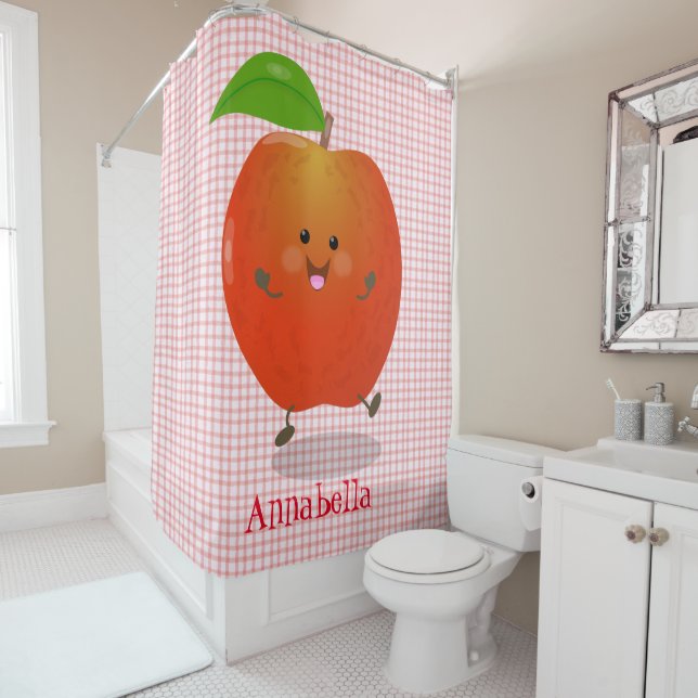 Cute dancing apple cartoon illustration shower curtain (In Situ)
