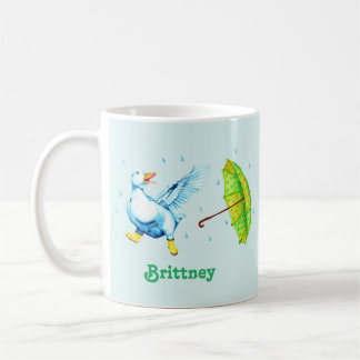 Cute Dancing Blue Duck with Polka-Dot Umbrella Coffee Mug