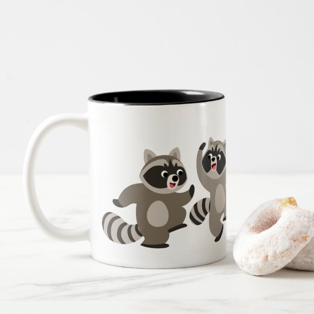 Cute Dancing Cartoon Raccoons Two-Tone Coffee Mug (With Donut)