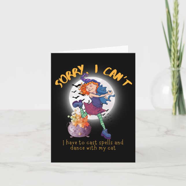 Cute Dancing Cat Witch Costume Halloween  Card (Front)