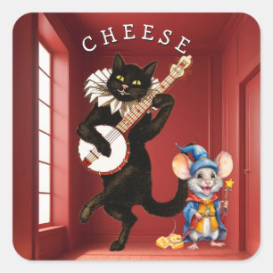 Cute Dancing Cat with Guitar and Mouse Friend  Square Sticker
