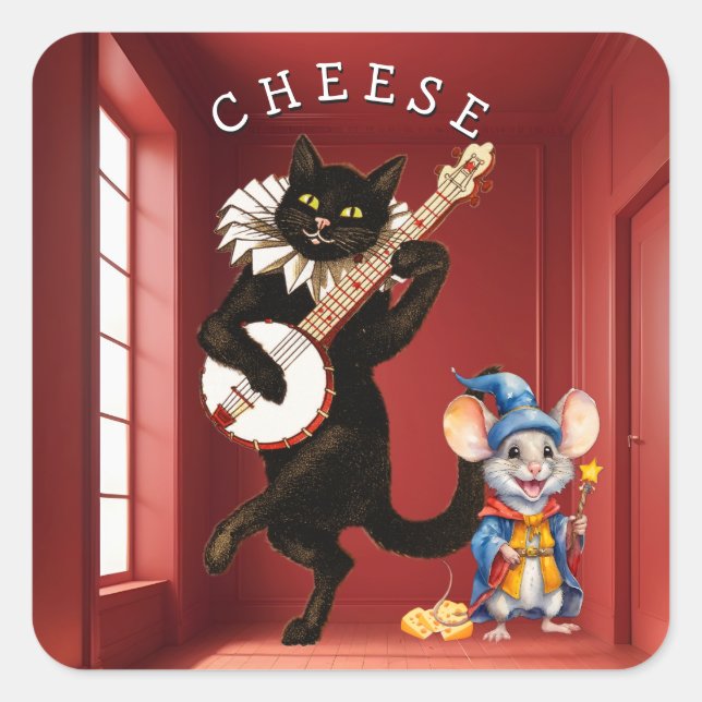 Cute Dancing Cat with Guitar and Mouse Friend  Square Sticker (Front)