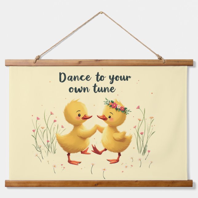Cute Dancing Ducklings with Floral Spring Vibes Hanging Tapestry (Front)