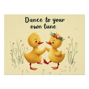 Cute Dancing Ducklings with Floral Spring Vibes Poster