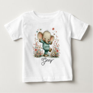 Cute Dancing Elephant in Wildflowers Baby T-Shirt