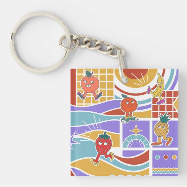 Cute Dancing Fruits Retro Key Ring (Front)