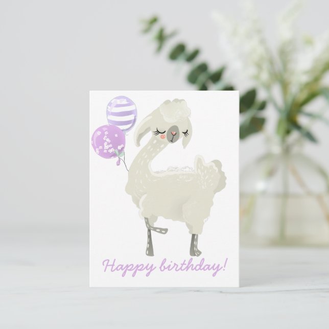 Cute Dancing Lama w. Balloons -  Kids Birthday Postcard (Standing Front)