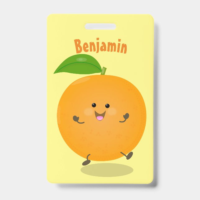 Cute dancing orange citrus fruit ID badge (Front)