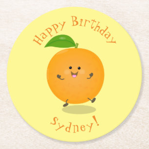 Cute dancing orange citrus fruit round paper coaster