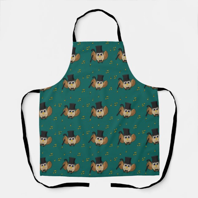 Cute Dancing Owl with Music Notes Cartoon Apron (Front)