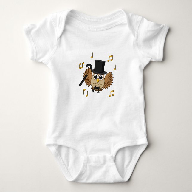 Cute Dancing Owl with Music Notes Cartoon Baby Bodysuit (Front)