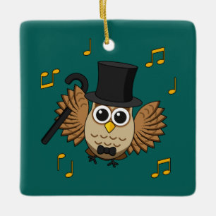 Cute Dancing Owl with Music Notes Cartoon Ceramic Ornament