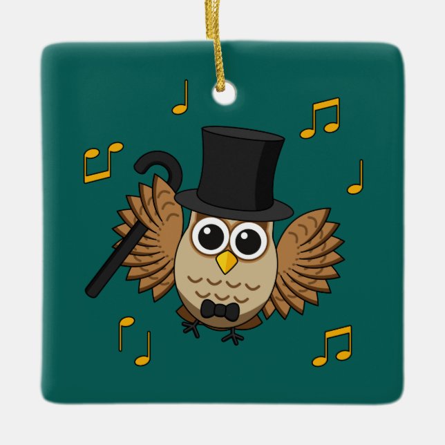 Cute Dancing Owl with Music Notes Cartoon Ceramic Ornament (Front)
