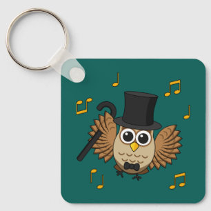 Cute Dancing Owl with Music Notes Cartoon Key Ring