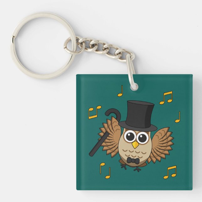 Cute Dancing Owl with Music Notes Cartoon Key Ring (Front)