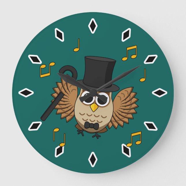 Cute Dancing Owl with Music Notes Cartoon Large Clock (Front)