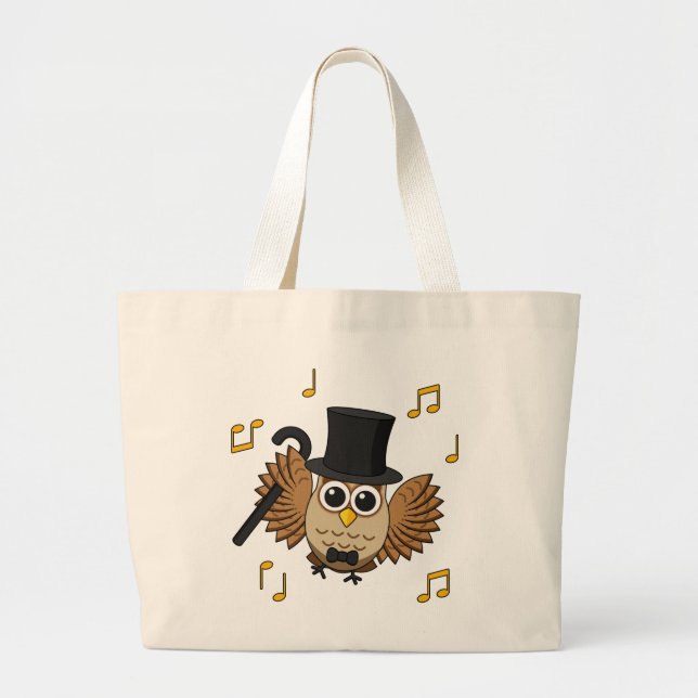 Cute Dancing Owl with Music Notes Cartoon Large Tote Bag (Front)