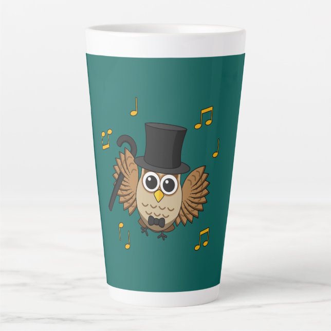 Cute Dancing Owl with Music Notes Cartoon Latte Mug (Front)