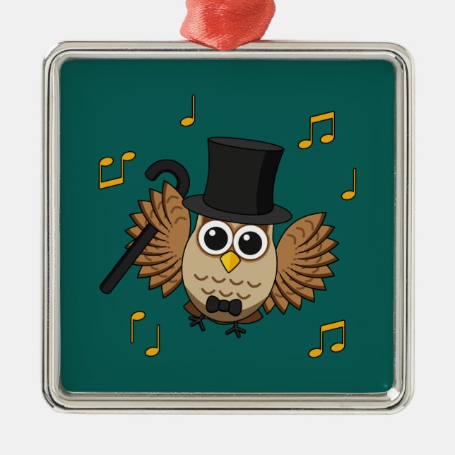 Cute Dancing Owl with Music Notes Cartoon Metal Ornament (Front)