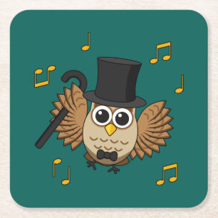 Cute Dancing Owl with Music Notes Cartoon Square Paper Coaster