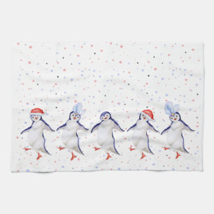 Cute Dancing Penguins Christmas Tea Towel