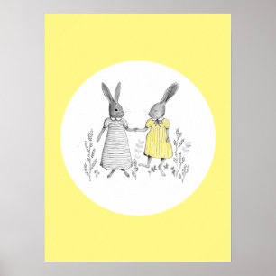 Cute Dancing Rabbits Nursery Ryhme Illustration Poster
