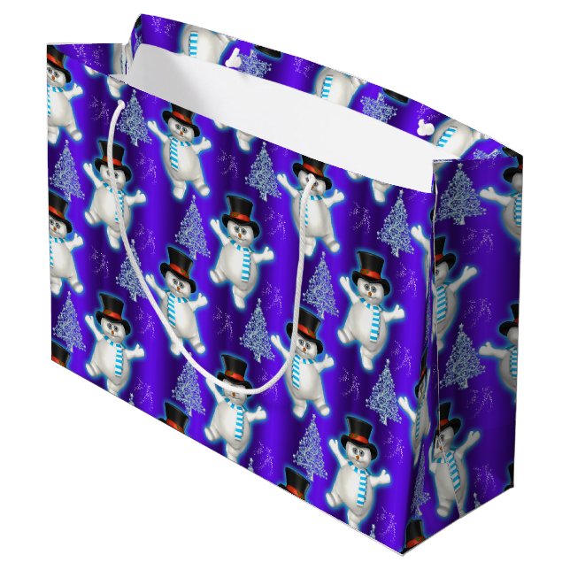 Cute Dancing Snowman and Snow Blue Christmas Large Gift Bag (Back Angled)