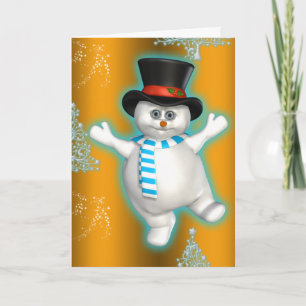Cute Dancing Snowman Gold Christmas Card
