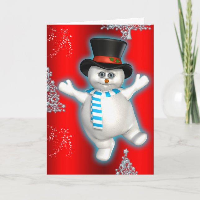Cute Dancing Snowman Red Christmas Card (Front)