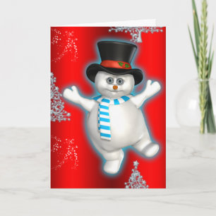 Cute Dancing Snowman Red Christmas Card