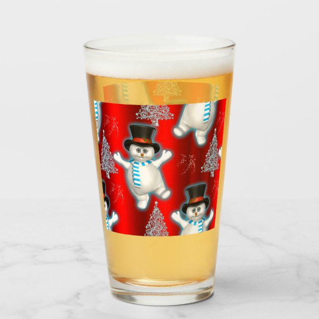 Cute Dancing Snowmen and Snow on Red Christmas Glass (Back Filled)