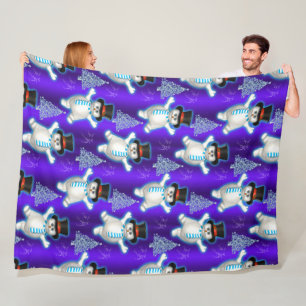 Cute Dancing Snowmen Blue Christmas Fleece Blanket