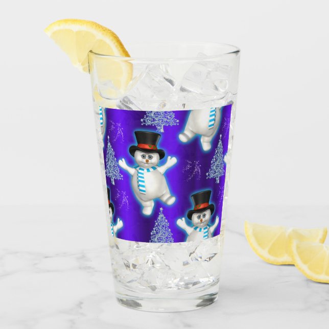 Cute Dancing Snowmen Christmas Blue Glass (Front Ice)