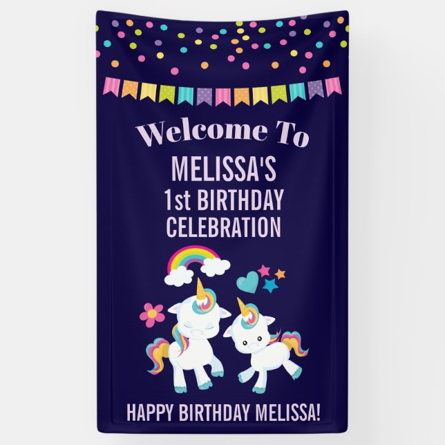 Cute Dancing Unicorns Magical Rainbow Birthday Banner (Vertical)