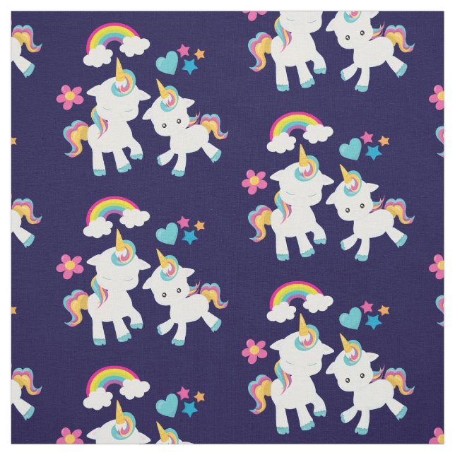 Cute Dancing Unicorns Magical Rainbow & Stars Fabric (Swatch)