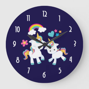 Cute Dancing Unicorns Magical Rainbow & Stars Large Clock