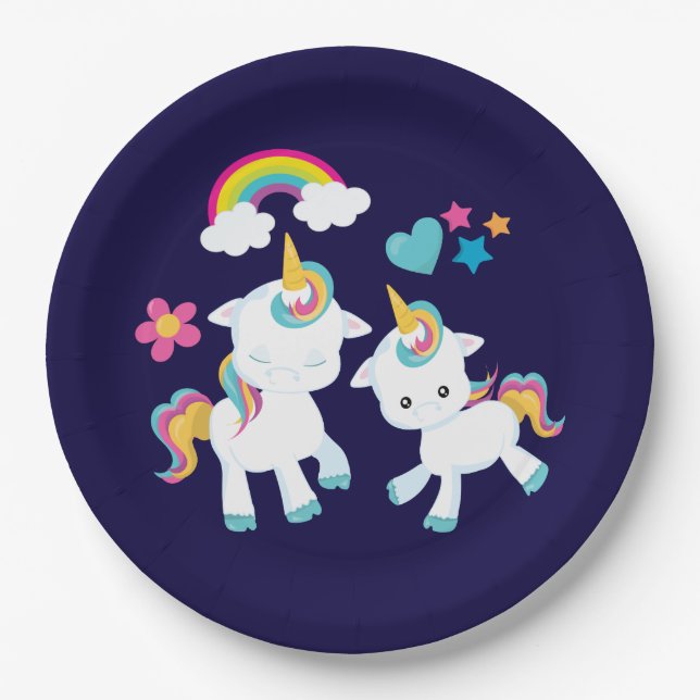 Cute Dancing Unicorns Magical Rainbow & Stars Paper Plate (Front)