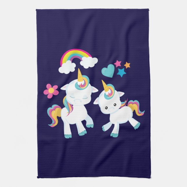 Cute Dancing Unicorns Magical Rainbow & Stars Tea Towel (Vertical)