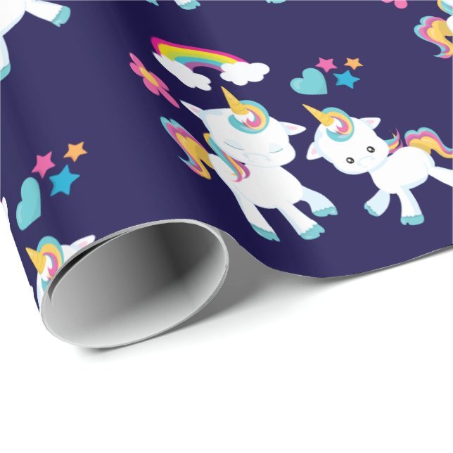 Cute Dancing Unicorns Magical Rainbow & Stars Wrapping Paper (Roll Corner)