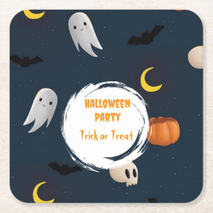 Cute Dark Blue Halloween Party Ghost Pumpkin Square Paper Coaster