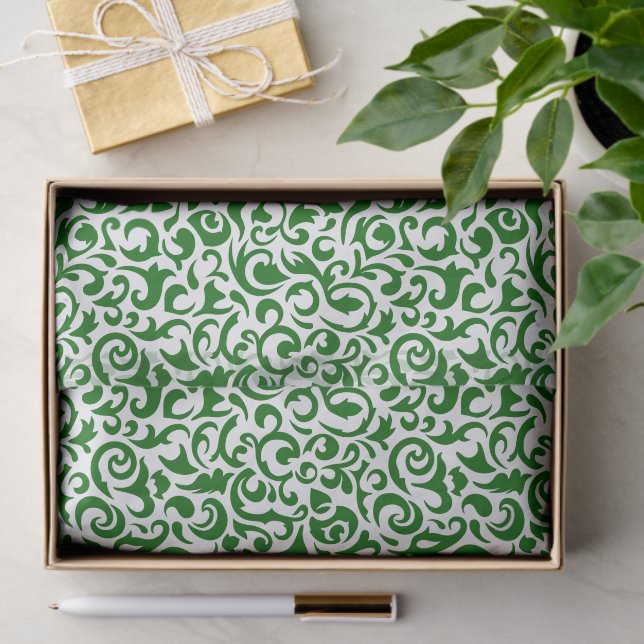 Cute Dark Green White Damask Floral Pattern Tissue Paper (Gift)