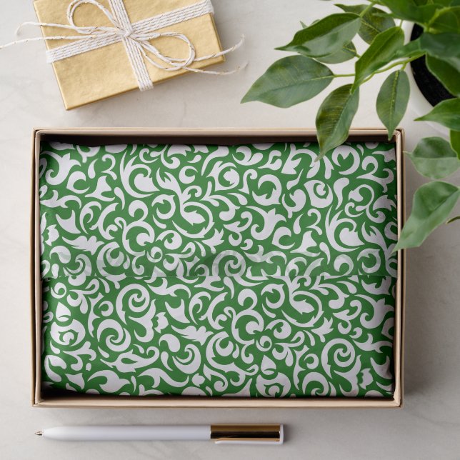 Cute Dark Green White Damask Floral Pattern Tissue Paper (Gift)
