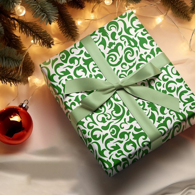 Cute Dark Green White Damask Floral Pattern Wrapping Paper (Creator Uploaded)