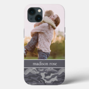 Cute Dark Grey Camo Personalised Photo iPhone 13 Case