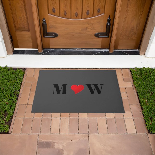 Cute dark grey red heart custom couple monogram doormat (Outdoor)