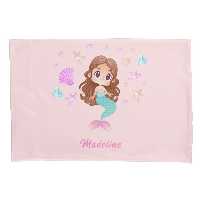 Cute Dark Haired Mermaid Custom Name Pillowcase (Front)