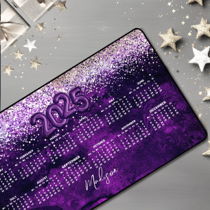 Cute dark purple gold faux glitter 2025 calendar  desk mat