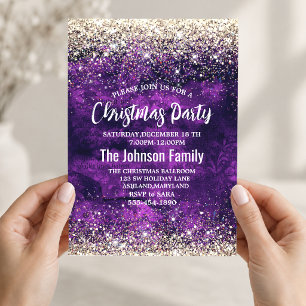 Cute dark purple gold faux glitter Christmas  Invitation