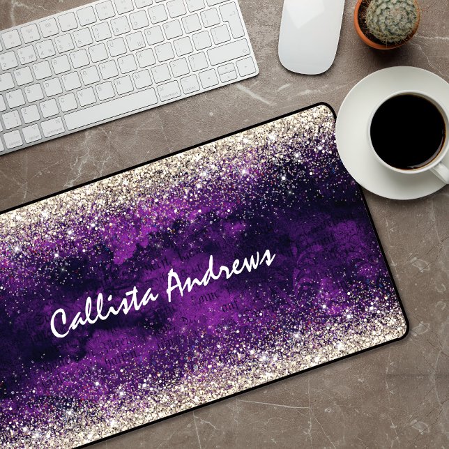 Cute dark purple gold faux glitter desk mat (Creator Uploaded)